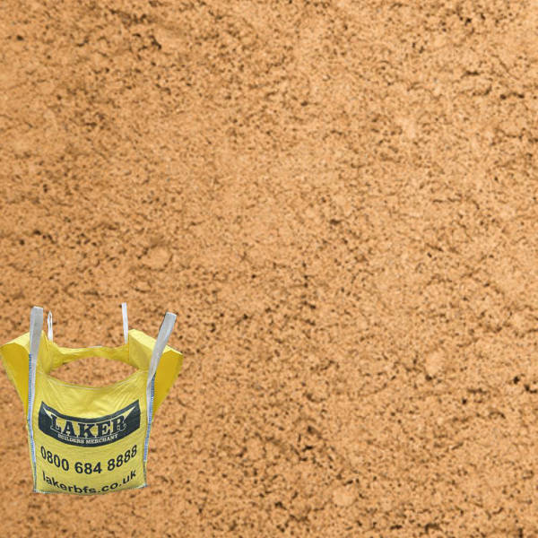 Close up of loose building sand with a small bulk bag icon in the bottom left corner
