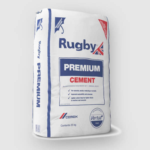 White and blue bag of Premium cement