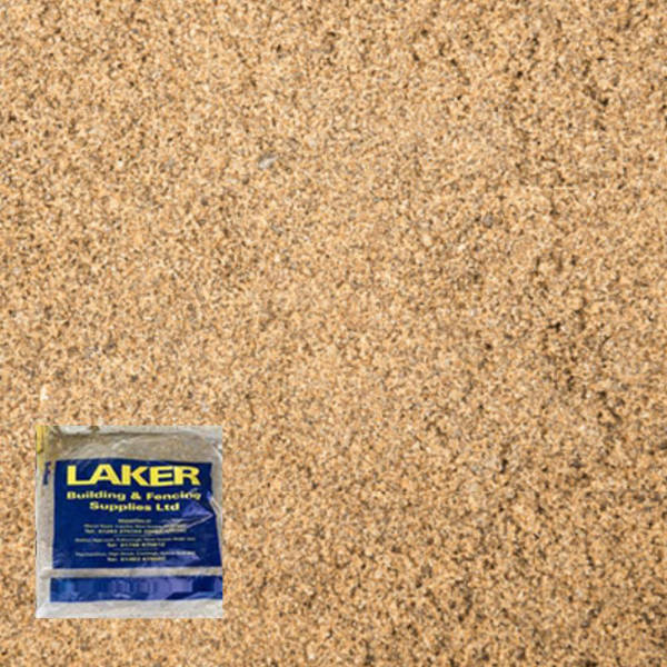 Close up of loose plastering sand with a small poly bag icon in the bottom left corner