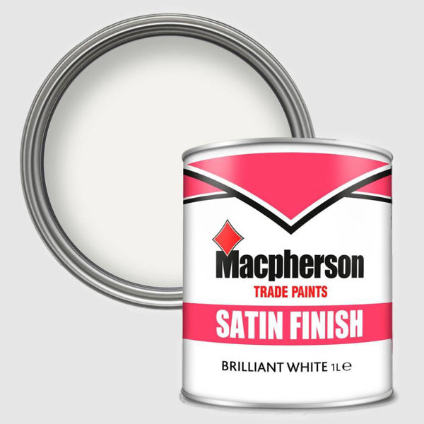 Close up of Macpherson's 1L Satin Finish paint tin with Brilliant White colour swatch