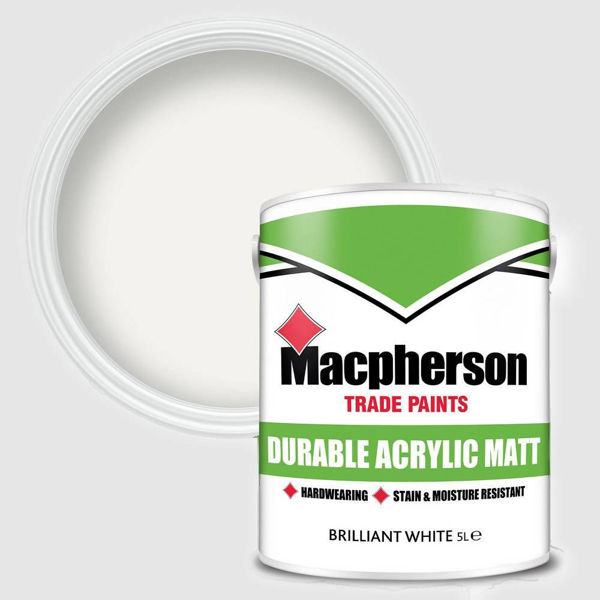 Close up of Macpherson's 5L Durable Matt paint tin and colour swatch in Brilliant White