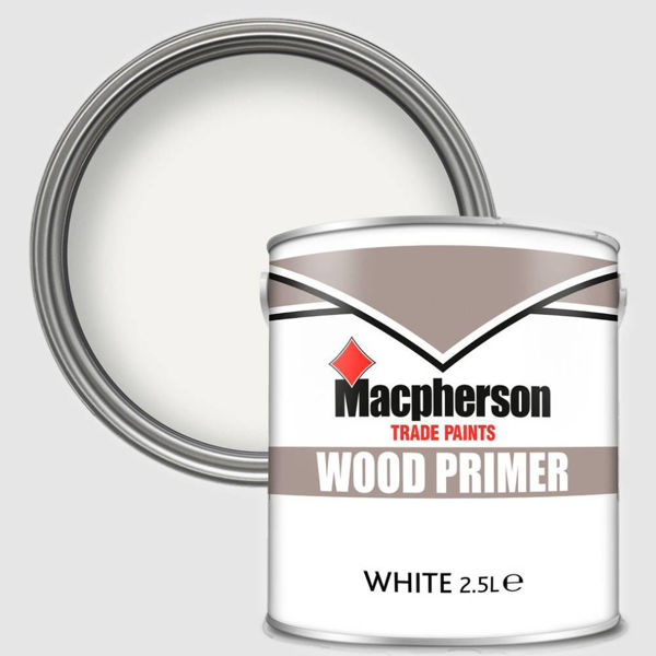 Close up of Macpherson's Wood Primer tin with White colour swatch