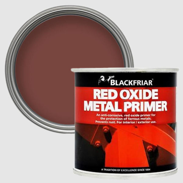 Close up of Blackfriars 1L Oxide Metal Primer tin with red colour swatch